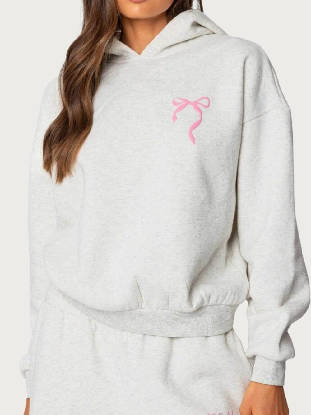 Edikted Gray Pink Bow Graphic Cropped Hoodie S